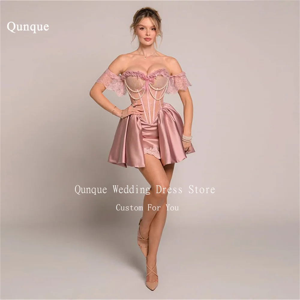 

Розовое атласное платье Qunque для женщин, для фотосессий на день рождения, с открытыми плечами, короткое, А-силуэт, кружевное, нарядное, на заказ