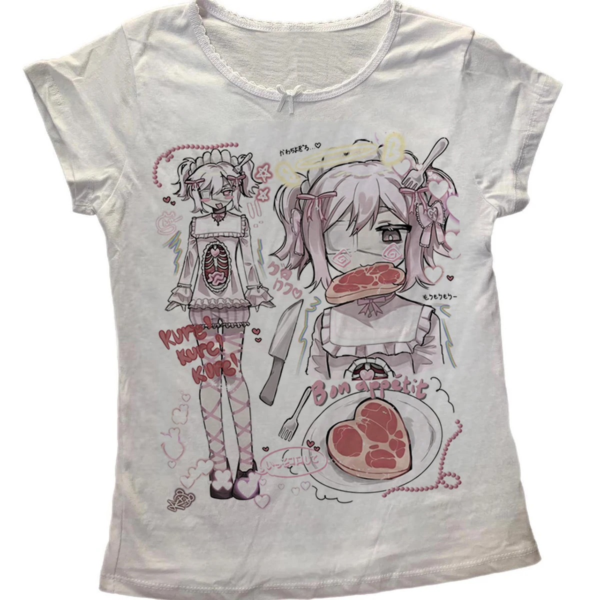 Yami Kawaii Anime Mädchen T-Shirt Damen Gothic Harajuku Bon Appetit Aufdruck Kurzarm T-Shirt Lässiges Sommer Damen Grafik-T-Shirt Top – Detail 2