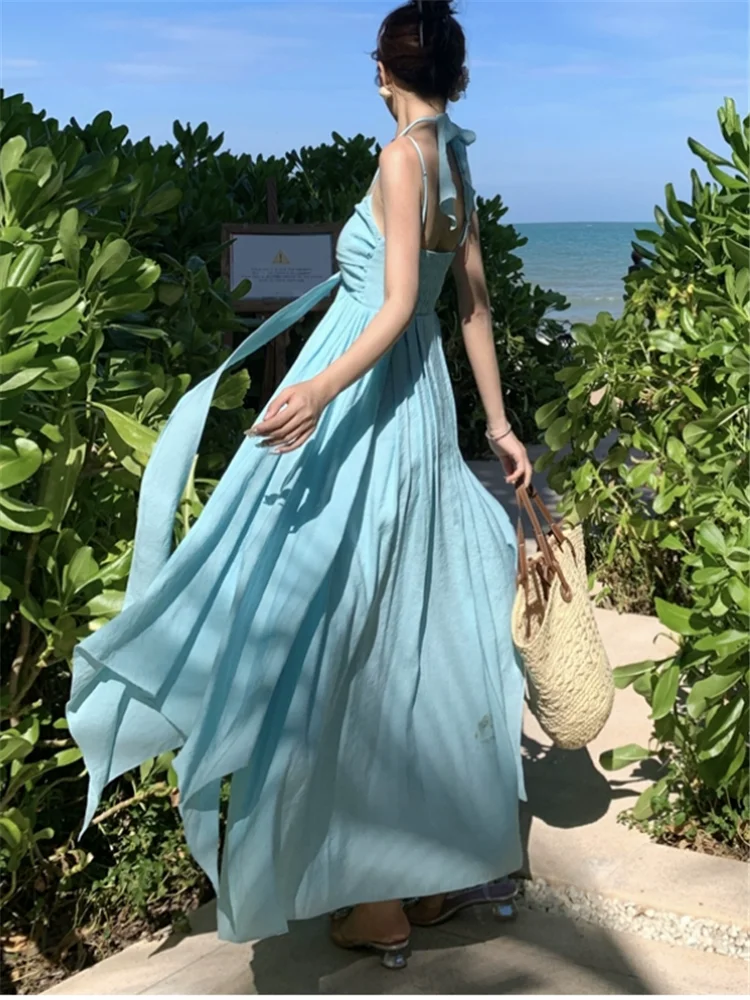 女性のためのセクシーなロングドレス,バックレス,ノースリーブ,ホルターネック,マキシ,ストラップ,休暇,ビーチ,パーティー,夏