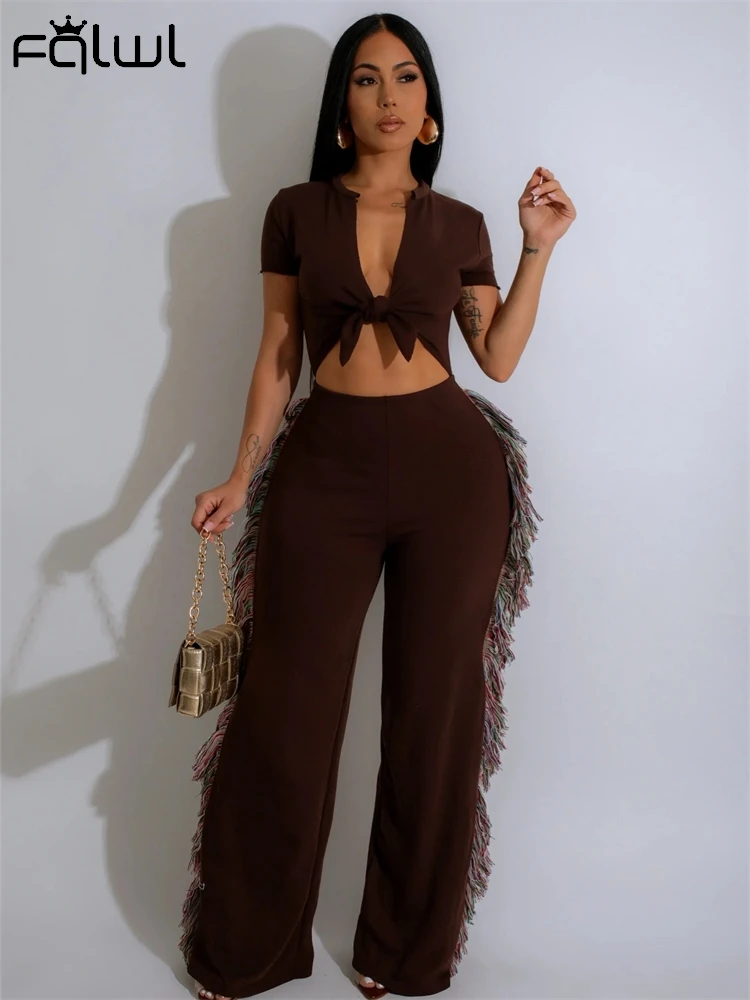 

Habbris Autumn Fashion Tassels Hollow Out Jumpsuits Casual Street Outfit For Women 2024 Sexy Low-Neck Bandage Panelled Overalls