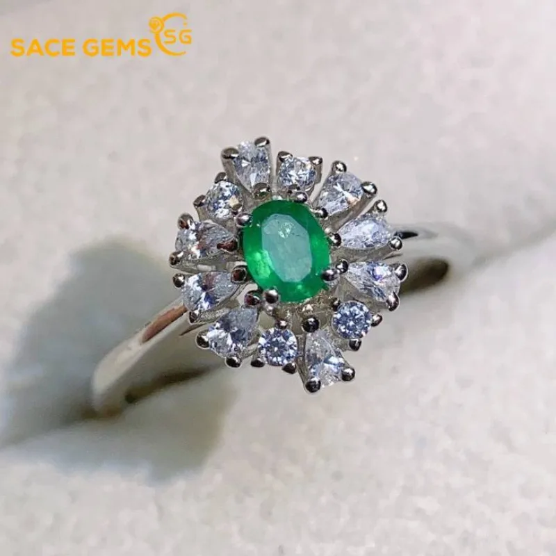 

SACEGEMS New Arrival Trend 925 Sterling Silver Resizable 3*4MM Natual Emerald Rings for Women Engagement Cocktail Party Jewelry