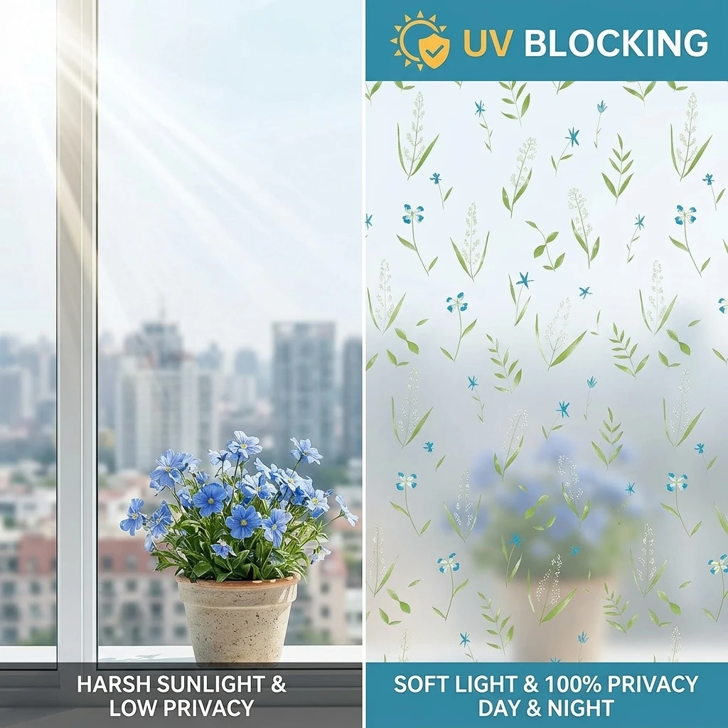 Fresh Botanical Floral Self-Stick Window Film UV Protection Light Filter for Bathroom Bedroom Decorative Glass Cover