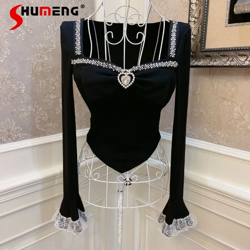 

Japanese Rojita Y2k Tees Light Luxury Heavy Industry Bead Bow Love Lace Diamond Trumpet Sleeves Slim Fit Short T-Shirt Pullovers