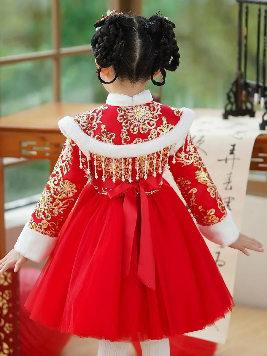 Chinese Embroidery Dress Girl's Party Sequined Princess Dress Flower Girl Dress Child Gauze Pengpeng Dress Kids New Year Clothes