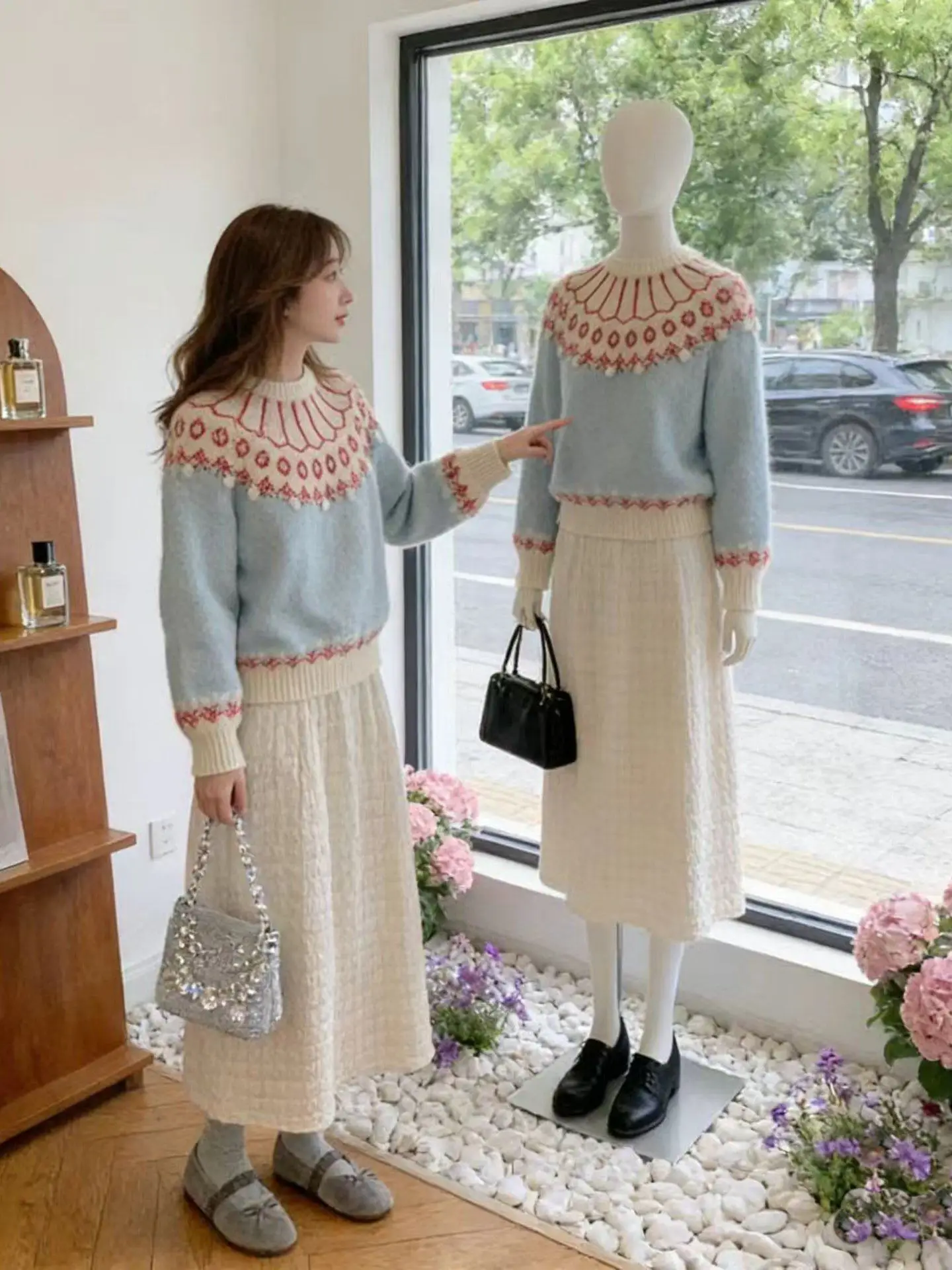 

Korean Sle Fair Isle Set Women's Color Blo Gentle Top And Skirt Two Piece Set Spring New Age Reduction High Waist Skirt