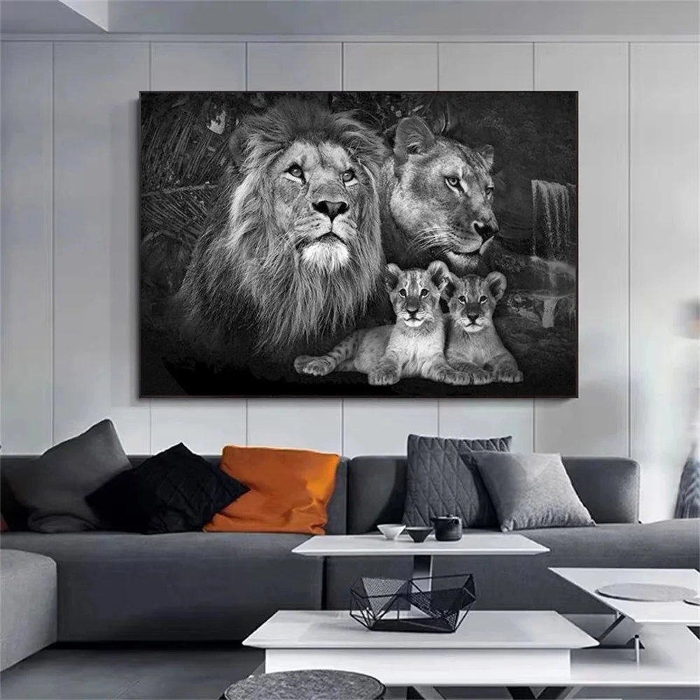 

Modern Black and White Animal Art Canvas Painting Baby Lion Family Posters and Print Wall Art Picture for Living Room Home Decor