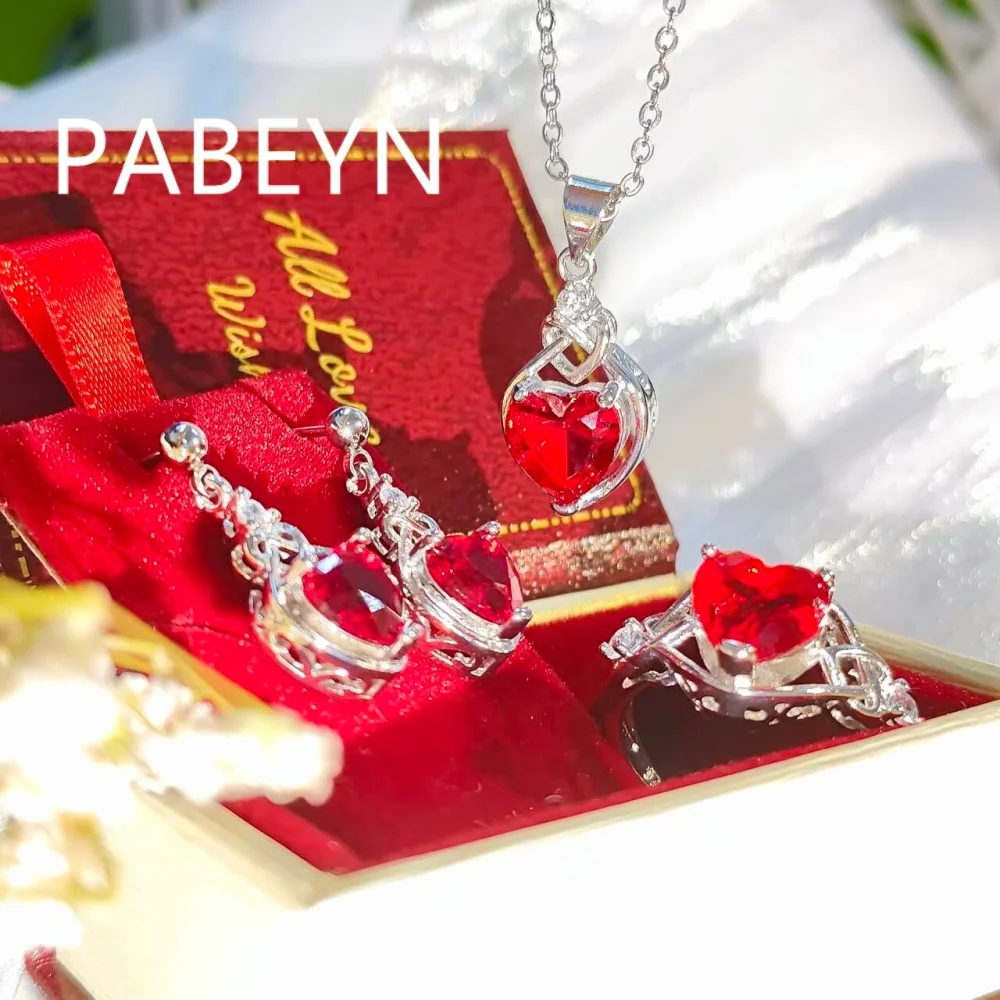 925 Sterling Silver Fashion Light Luxury Red Love Zircon Earrings Necklace Ring Set Birthday Party Anniversary Gift