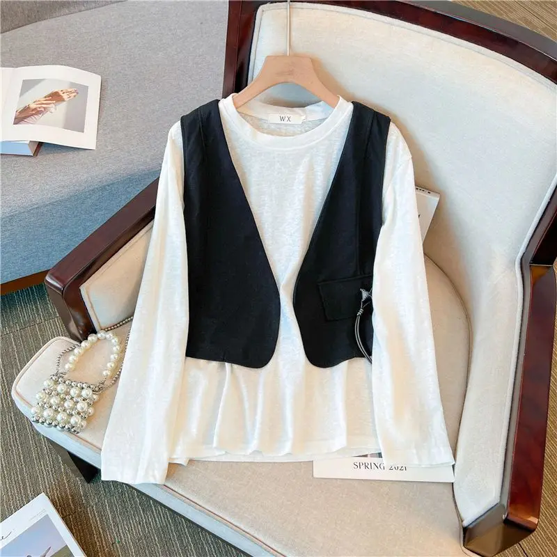 Casual Fashion Round Neck Solid Color T-shirt Women's Clothing Autumn Simplicity All-match Female Long Sleeve Tops Two Piece Set