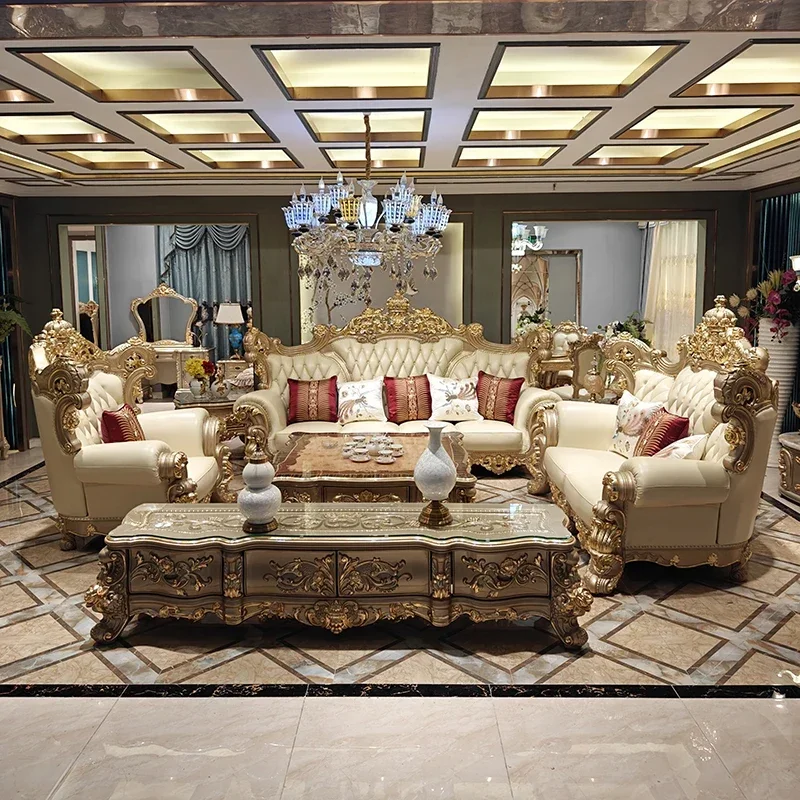 European crown sofa Large villa living room 1+2+4 combination imported first layer leather sofa champagne gold