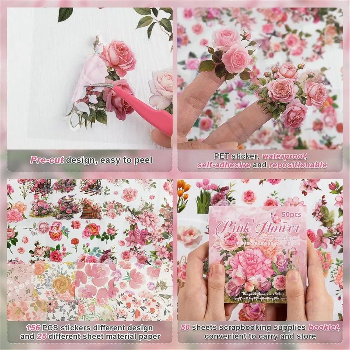 Latest ABBQ-Flower Sticker, Scrapbooking Supplies for Adult Junk Journal 50 Sheets, Transparent Stickers and Material Paper Red
