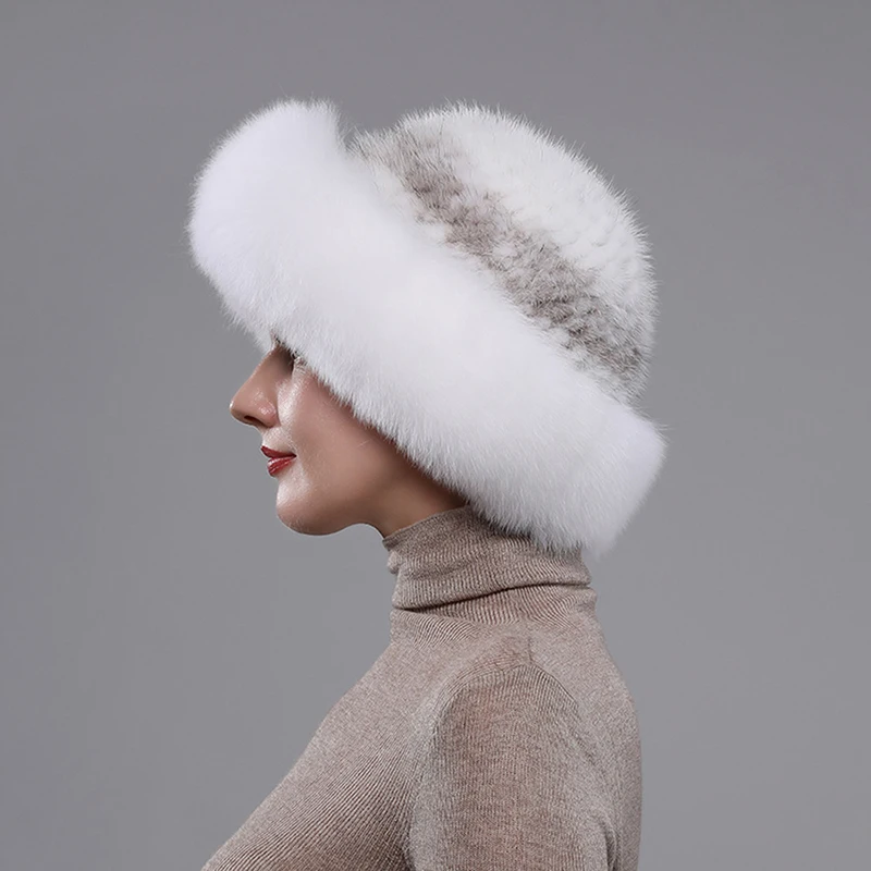 2024 New Girls Quality Soft Genuine Mink Fur Hats Women Winter Luxury Knitted Real Mink Fur Bomber Hat Natural Warm Fox Fur Cap