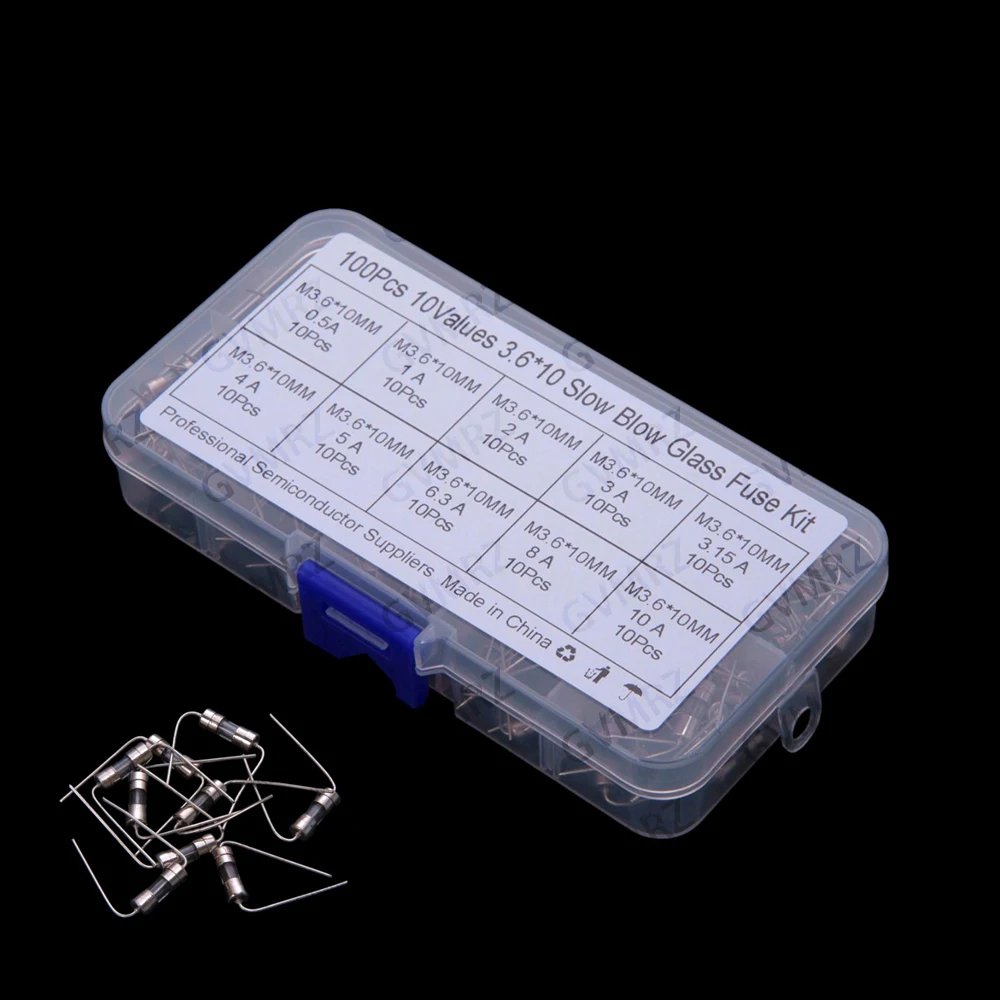 10Values ​​100PCS 0.5A 10A 3.6x10mm Leaded Glass Fuse Tubes 0.5A/10A Straight Through-hole 250V Kit  3.6x10 0.5A 10A