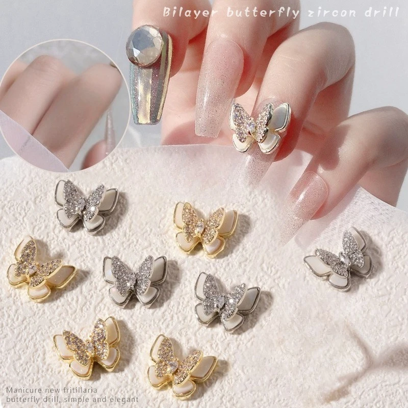 1Pc Double-layer Mother Of Pearl Butterfly Nail Charms, Shiny Rhinestones For DIY Press On Nail Manicure Decor