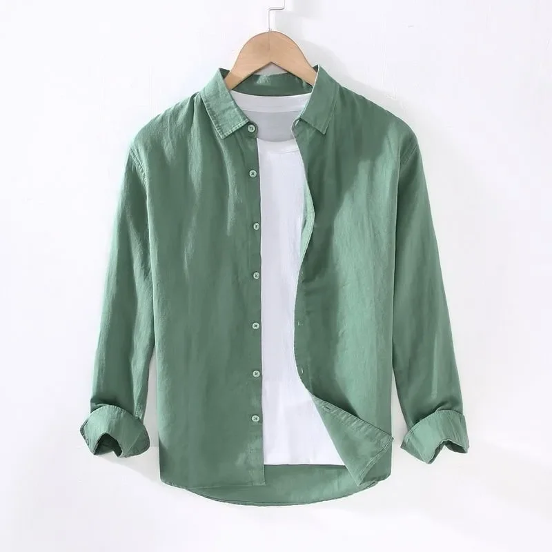 Men's New Spring‑Autumn Cotton‑Linen‑Feel Long‑Sleeve Shirt, White Loose‑Fit Casual Outer‑Wear Top For Young Men Daily Wear