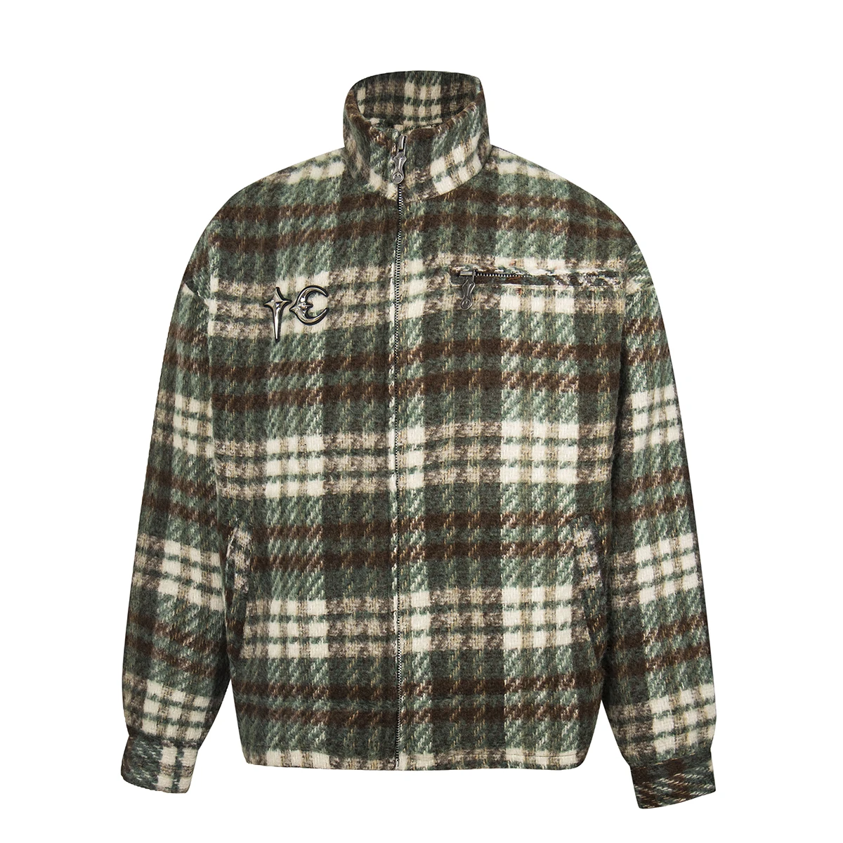 High Street Metal Logo Buttons Checkered Shirts for Men Stand Collar Color Match Casual Long Sleeve Fall Shirt Oversized