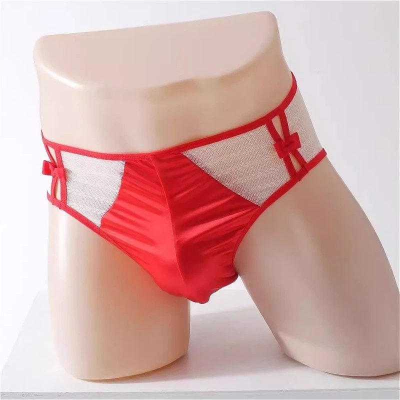 Men's Sexy Big Pouch Bag Briefs Hollow Out Sissy Man Embroidered Lace Transparent Underwear Red Mid Waist Male Triangle Panties