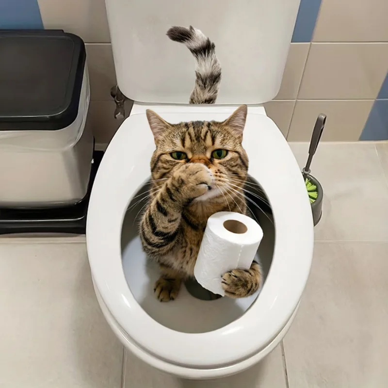 Funny Cat Toilet Sticker Cute Kitten Holding Toilet Paper Decal for Toilet Lid Bathroom DIY Wall Decoration