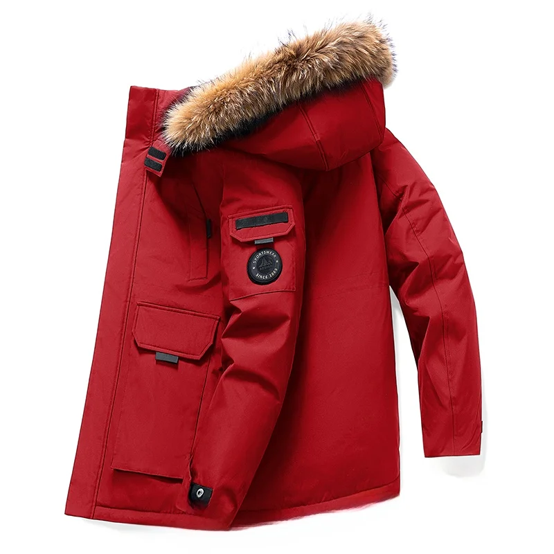 

Red down Jacket Men's Winter Thickened Short Style High down Fill Coat Youth Fashion Polyester Fiber White Duck down Coat
