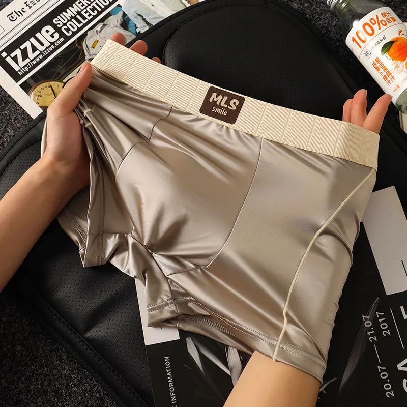 Ropa interior suave de seda de hielo de lujo para hombre, calzoncillos Boxer sexis transpirables tipo satén, calzoncillos con bolsa para bulto en U, bragas de secado rápido