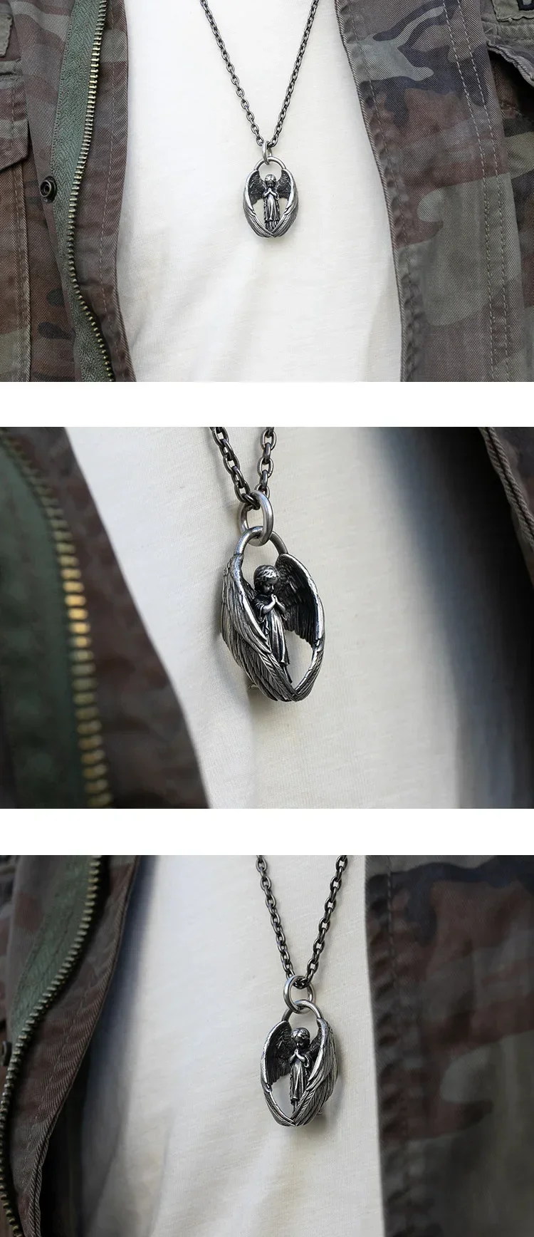 Stainless Steel Creative Personality Prayer Angel Pendant Necklace Men and Women Fashion Trend Hip Hop Punk Accessories Jewelry