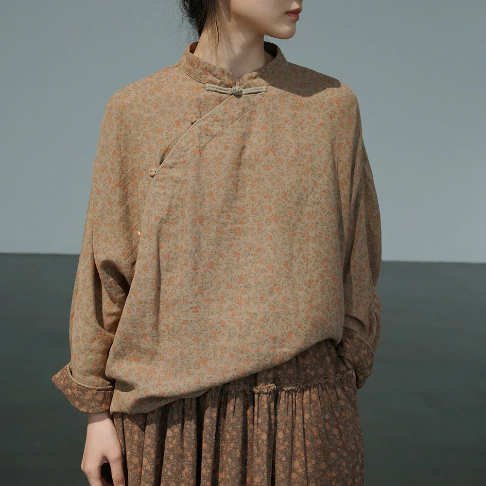 จีนคอเฉียงหลวมแขนค้างคาวเสื้อผู้หญิงPullover Retroอินเทรนด์การออกแบบSenseรูปผ้าฝ้ายดอกไม้ปุ่มTang SuitTop