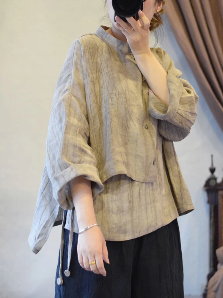 

100% Linen Women Long Sleeve Casual Shirt New Arrival 2025 Spring Vintage Style Stand Collar Loose Female Tops Shirts M1457