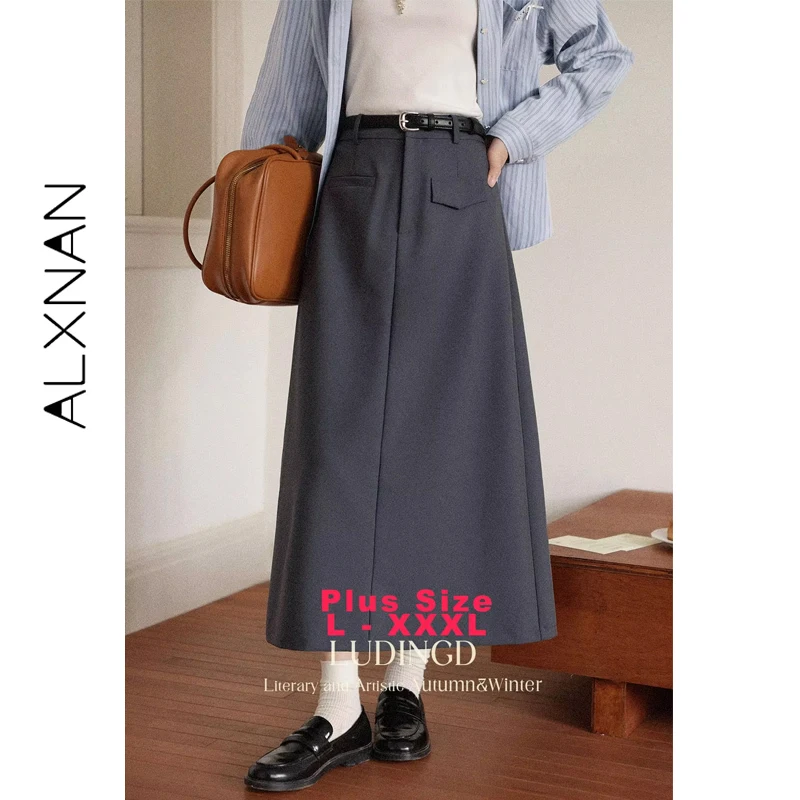 

ALXNAN Plus Size Gray Skirt High-waist Long A-line Office Lady Suit Skirts 2025 Autumn Elegant Casual Women's Clothing D12507