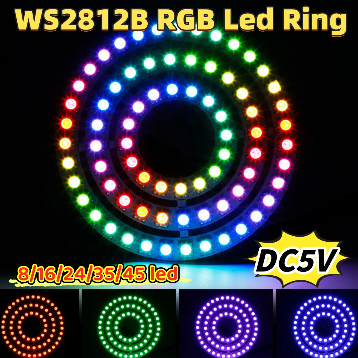 WS2812B RGB Led Ring Kit Individually Addressable and USB 28Key Bluetooth Music Controller or BuiIt-in 8/16/24/35/45 Pixels Lamp