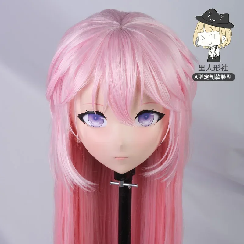 (LiLi Mask-99) Kigurumi Cross Dressing Cosplay Japan Anime Character Mask Open Mouth Crossdresser Doll Pink Wig Mask Drag Queen