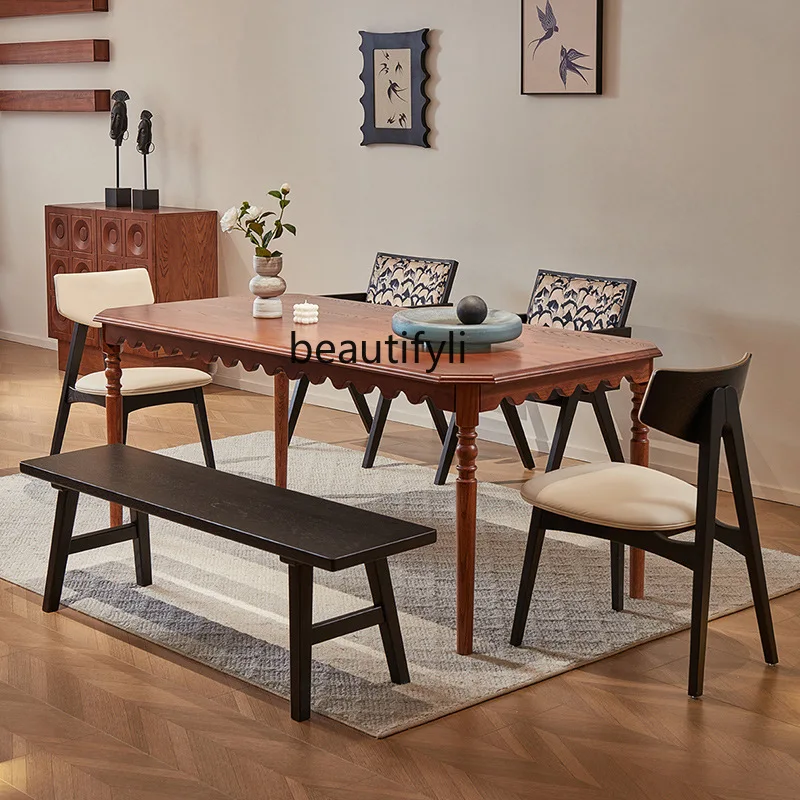 

Solid wood dining table and chairs, retro light luxury rectangular table, living room home