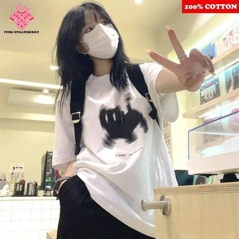 

ins Cute Scare Cat Print White T-shirt Women Summer 2025 New 100% Cotton Short sleeve Loose Tee Y2k Tops Female kawaii clothes