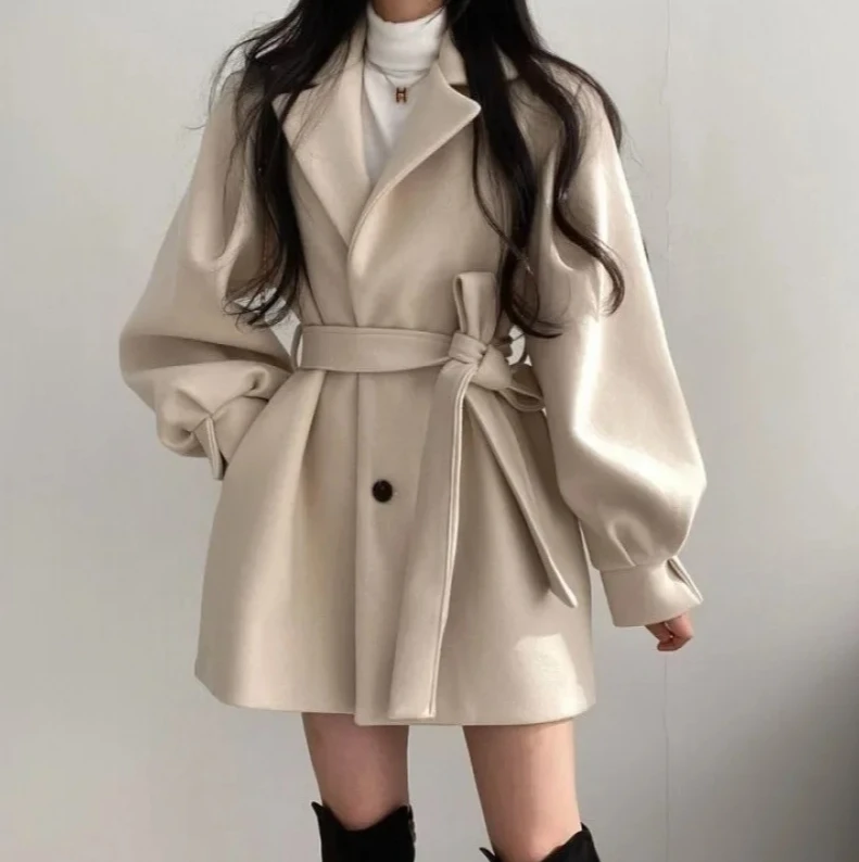 

Women's Autumn Winter Coat, Hepburn Elegant Suit Collar Belted Midi Coat, Small Size Woolen Jacket, Petite Length Overcoat