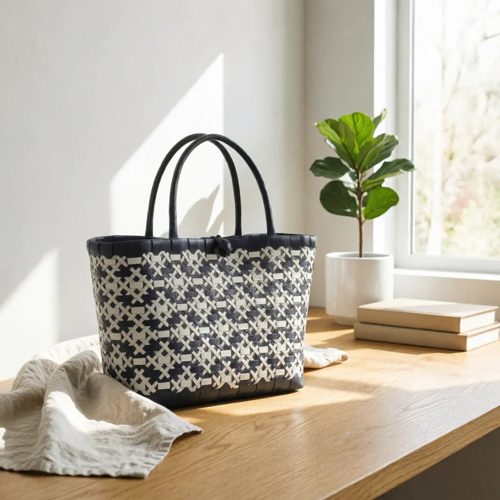 Handwoven Market Basket Hand-Woven Wicker Shopping Basket Household Carrier Reinforced Border Checker Pattern