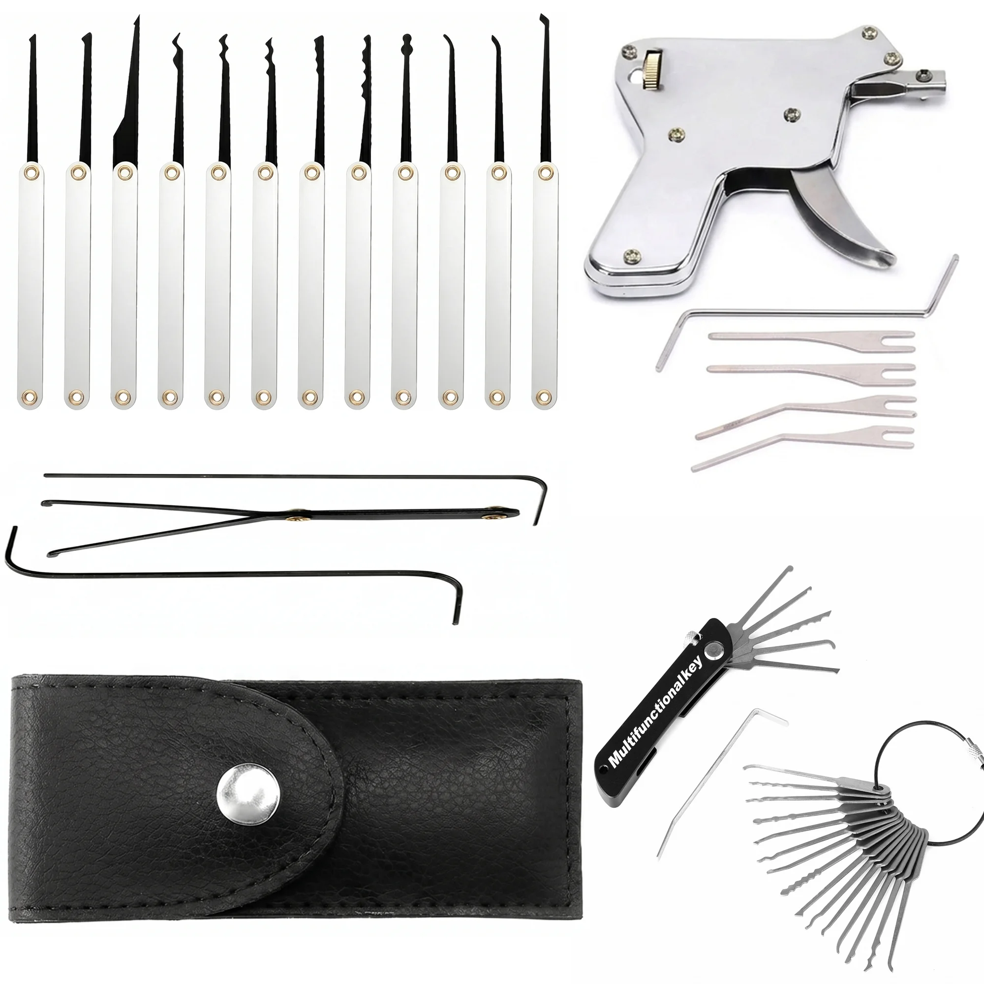 Multi-Professional Locksmith Lock Pick Tools,Lock Pick Gun,15 in 1 Lock Pick with Leather Pouch,21 in 1 Folding Lock Pick Tool