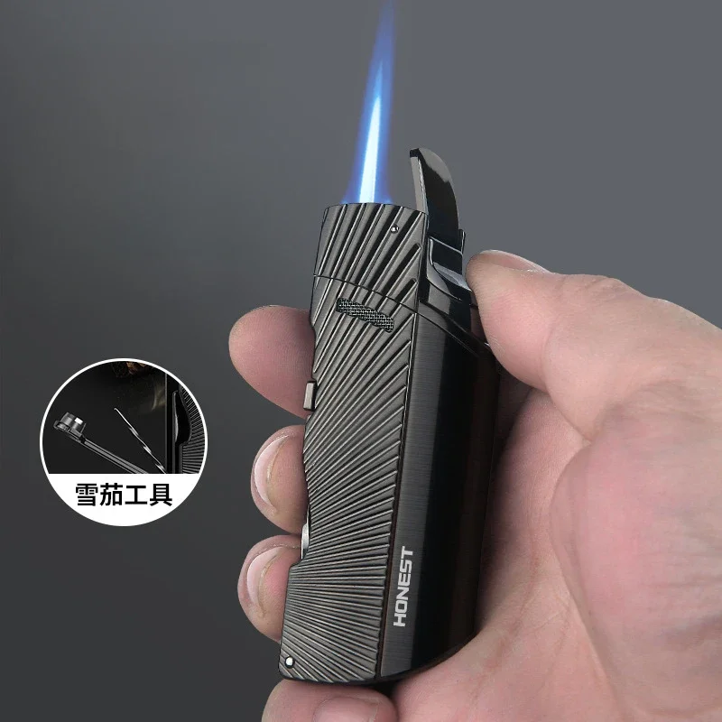 

Laser-Engraved Butane Cigar Lighter - Push-Ignition Windproof Torch with Portable Cigar Punch Tool (Artistic Carving Design)