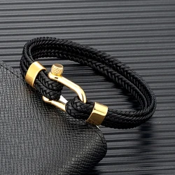 MKENDN Navy Style Men U-shape Shackle Bracelet Woven Multilayer Leather Bracelets For Women Stainless Steel Sport Buckle