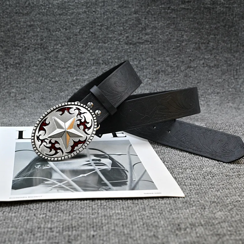 Retro Designer y2k belt Original American Western Flame Enamel Belt, Five pointed Star Elliptical Vintage Silver Belt