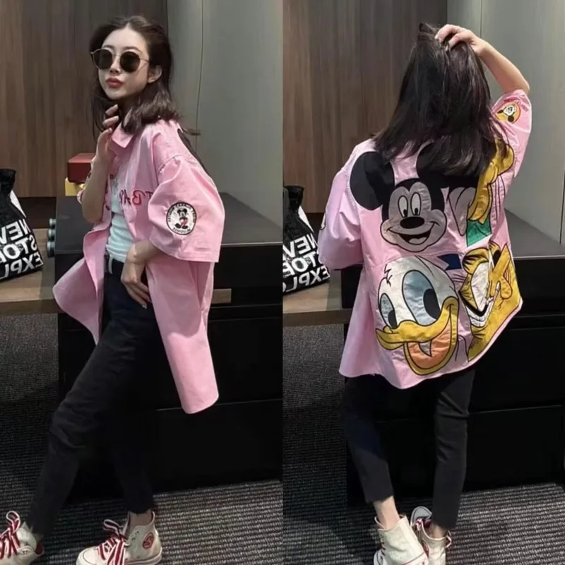 

Новые летние хлопковые свободные рубашки с короткими рукавами для женщин, свободные топы с вышивкой Микки и пикселями в мультяшном уличном стиле