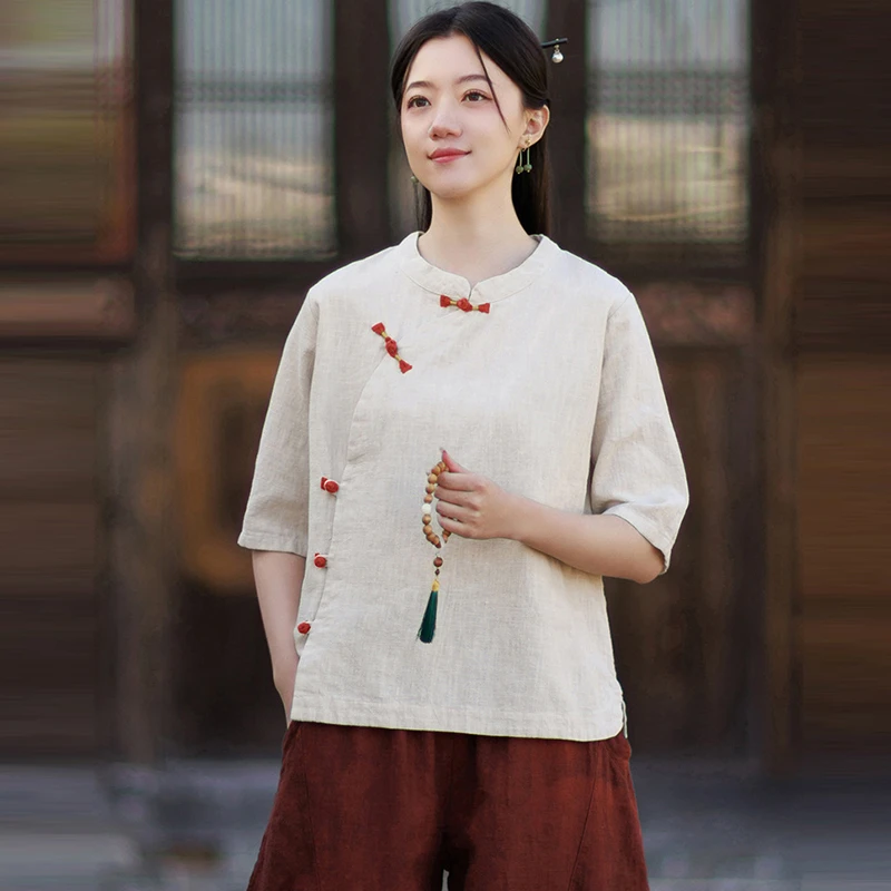 

Chinese Style Women Cotton Linen Casual Shirt New 2026 Summer Vintage Frog Button Solid Color Loose Female Tops Shirts M2554