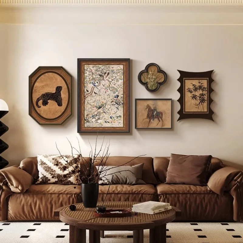 Medieval style sofa background wall combination decorative painting retro living room