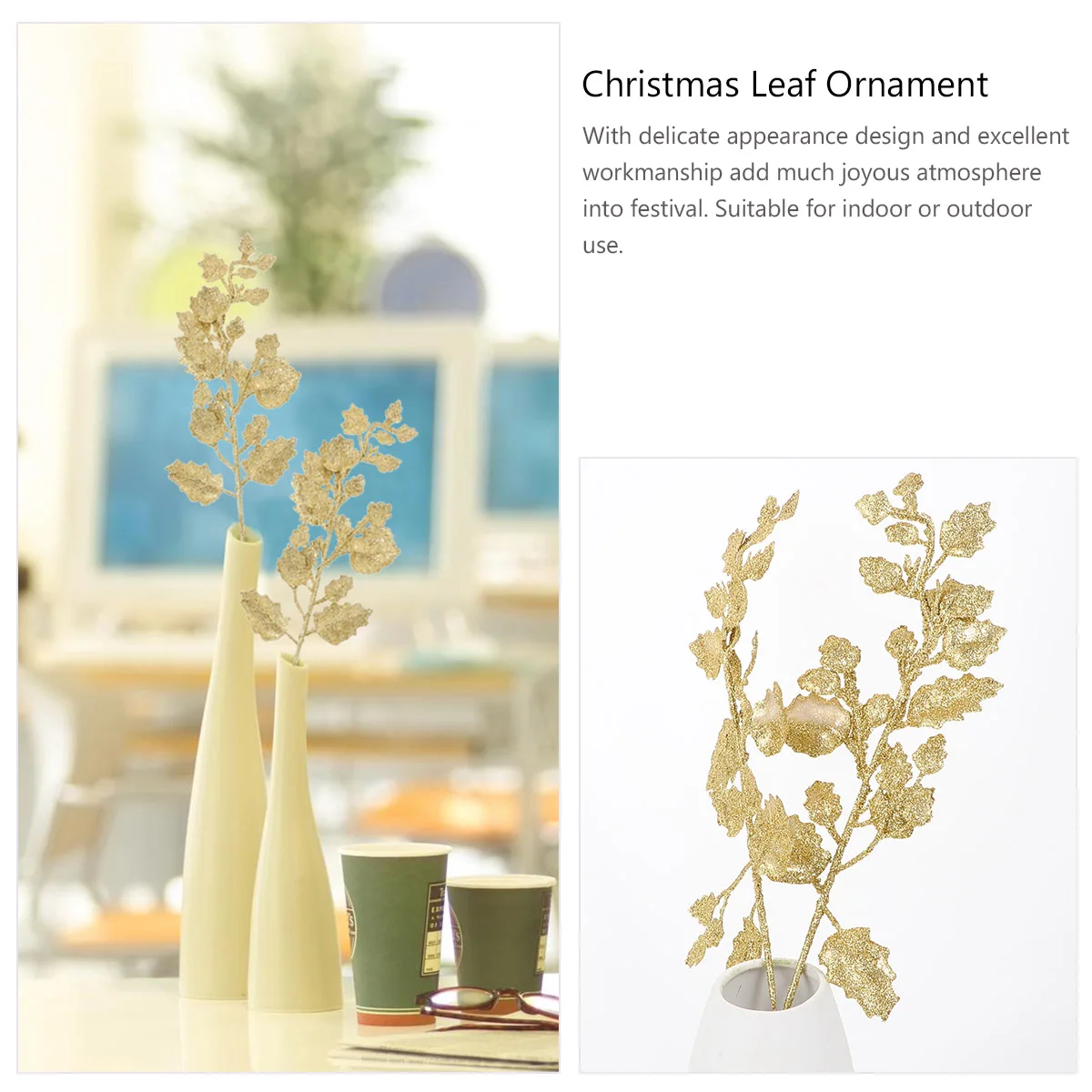 

10pcs Simulated Leaves Christmas Faux Leaf Glitter Decor Glittered Bay Ornament PE Pine Needles Berries Wedding Party Crafting