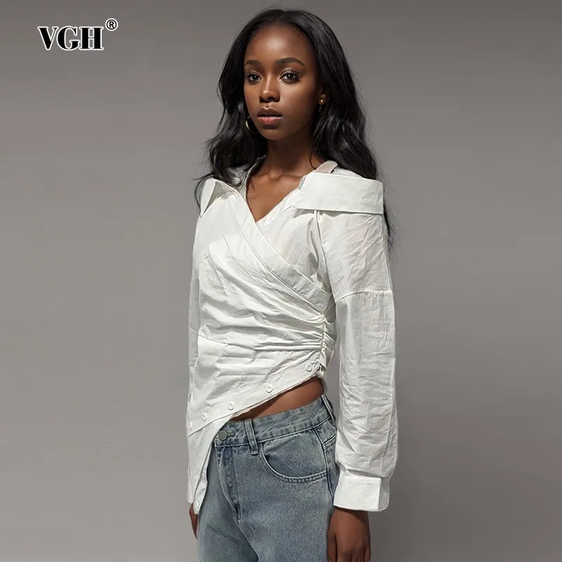 

VGH Solid Hollow Out Patchwork Button Irregular Blouses For Women V Neck Long Sleeve Minimalist Casual Shirts Female Fashion New