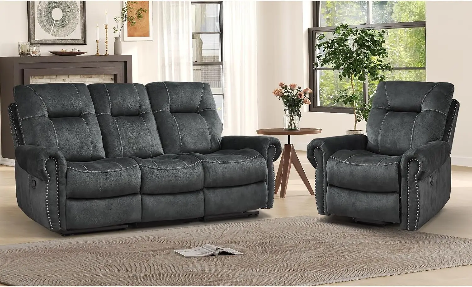 2 Pieces Reclining Couch Furniture Set for Living Room, 1 Seat Power Recliner and a 3 Seater Sofa, Vintage Rivet Mid-Century Des