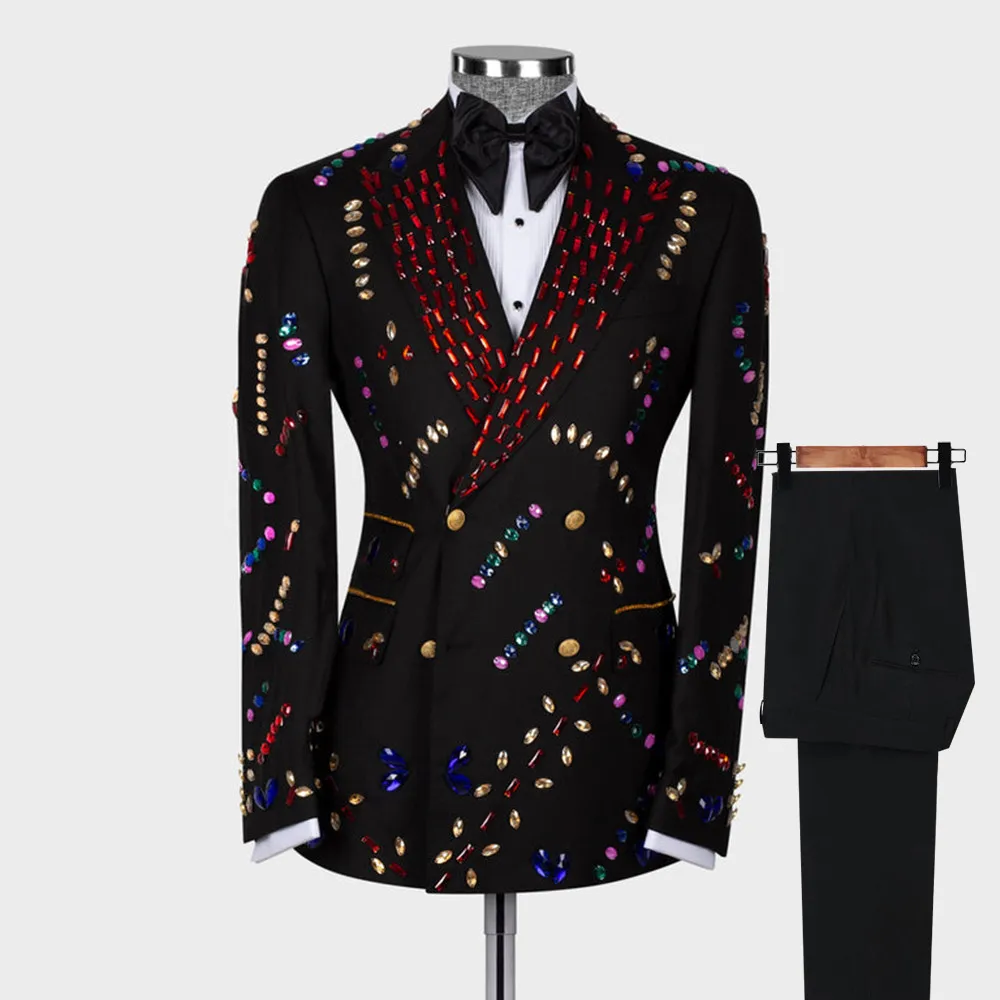 

Luxury Black Wedding Suits For Men Colorful Beaded Blazer Pants 2 Pieces Formal Royal Groom Custom Tuxedos Man Banquet Prom Coat