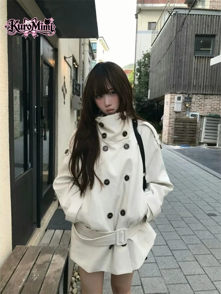 Women Korean Cropped Trench Coats Double Breasted Belted Stand Collar Minimalist Preppy Chic Streetwear Jacket Outerwear Elegant