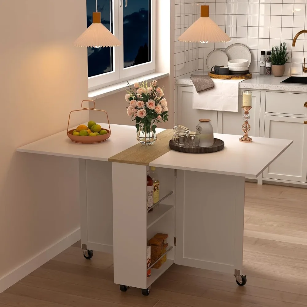 طاولة طعام قابلة للطي موفرة للمساحة مع 6 عجلات وتخزين ذات طابقين لاستخدام المطبخ