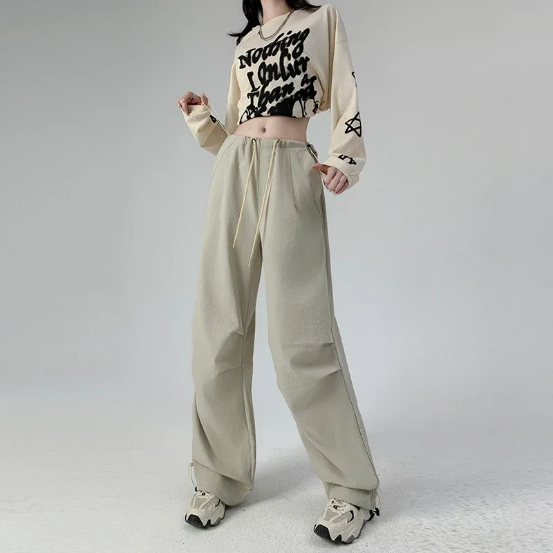 Spring Autumn New High Waist Casual Pants Elegant Solid Color Loose Wide Leg Pants Korean Fashion Drawstring Sweat Pants