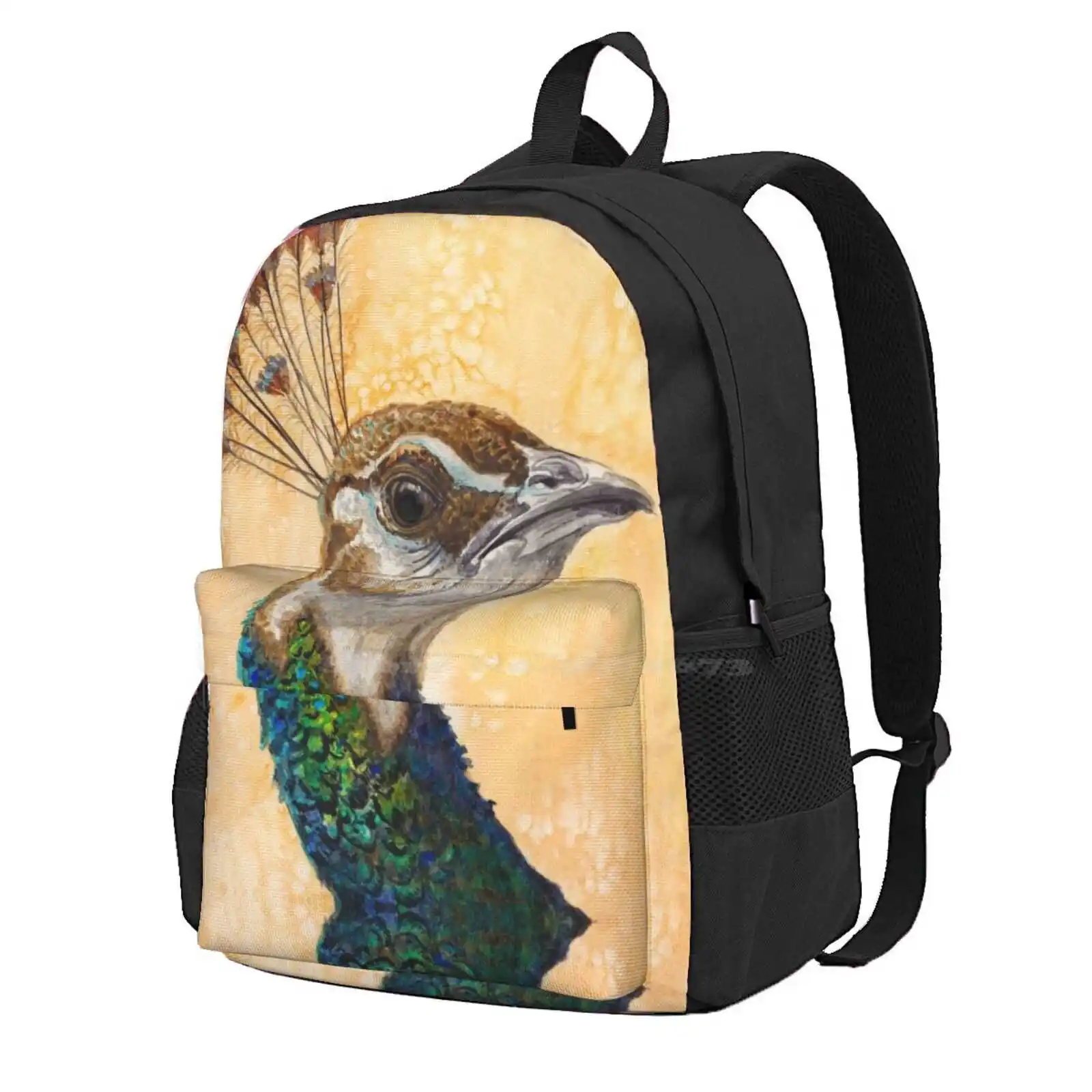 Peahen Hot Sale Schoolbag Backpack Fashion Bags Peacock Peahen Bird Portrait Watercolor Turquoise Yellow Blue Green Imperious