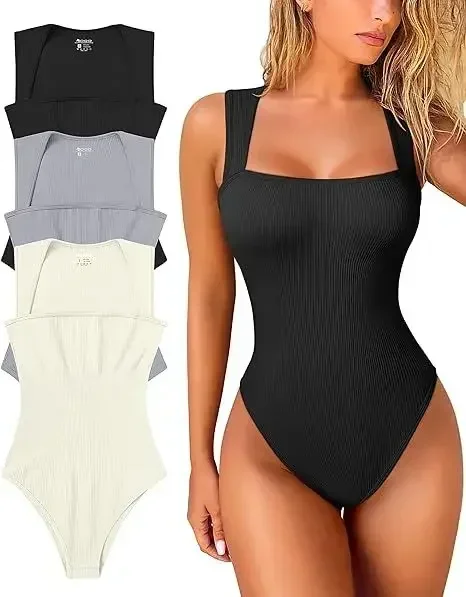 2026 Neu Damen Gerippter Square-Neck Bodysuit – Heißer Verkauf Ärmelloses Nahtloses Tanktop Bodycon Shapewear Kontroll-Streetwear Y2K Kleidung – Detail 3