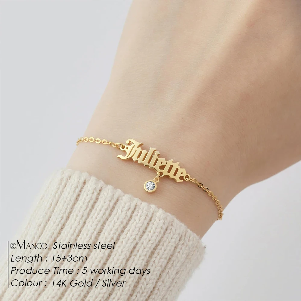EMANCO Personalized English Name Bracelet with Birthstone Custom Name Bracelets For Women Men Stainless Steel Jewelry Gifts